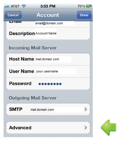 Email account server names, select advanced